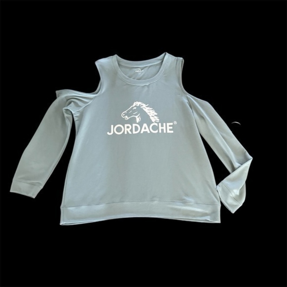 New Jordache blue off the shoulder crew neck sweatshirt material